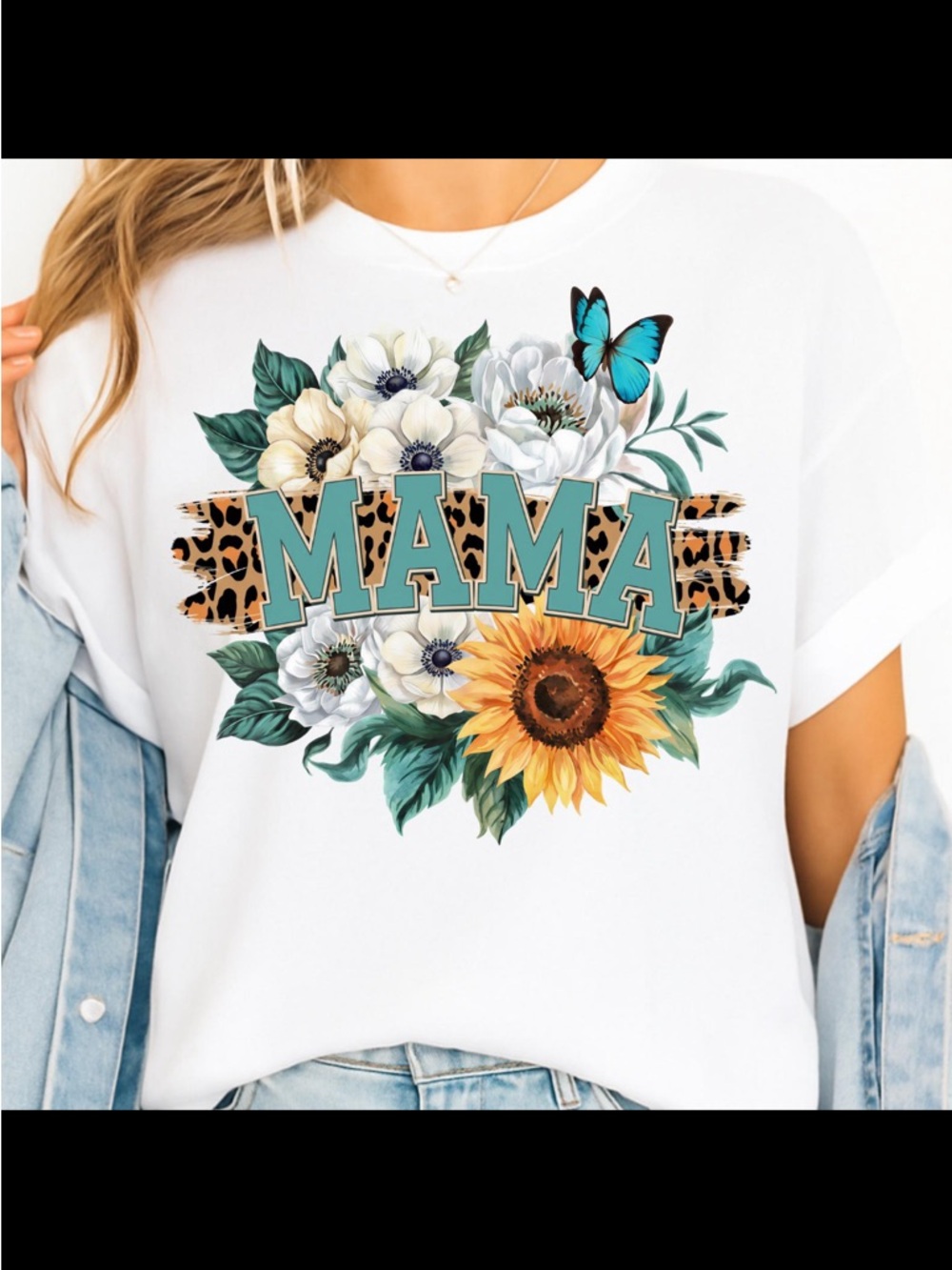 Gildan White Mama Floral Tee with Sunflower & Teal Lettering